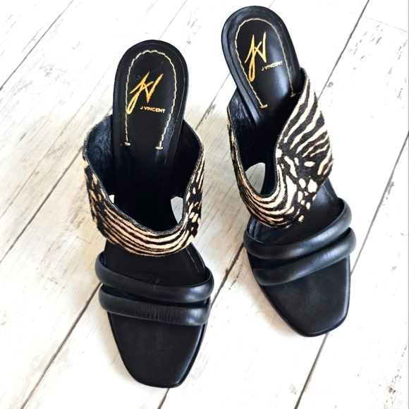 Vintage J Vincent Zebra Fur Black Leather Slip on Strappy Heels Sandals Size 9M - Picture 3 of 13